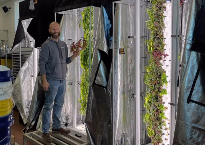 Man looking at the Anu vertical gardening system growing plants